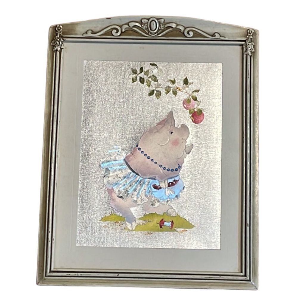 Vintage Framed Foil Pig in Tutu Print, at les, pears, ballet 9 x 11.5